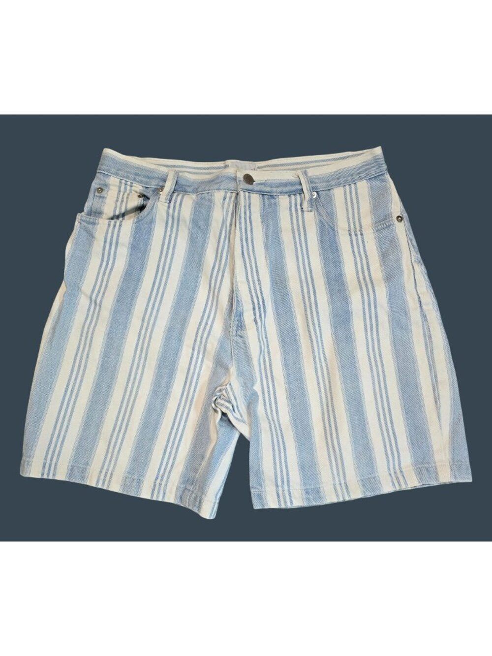 Vintage Denim Republic Blue & White Striped High-Waisted Shorts Button Fly retro